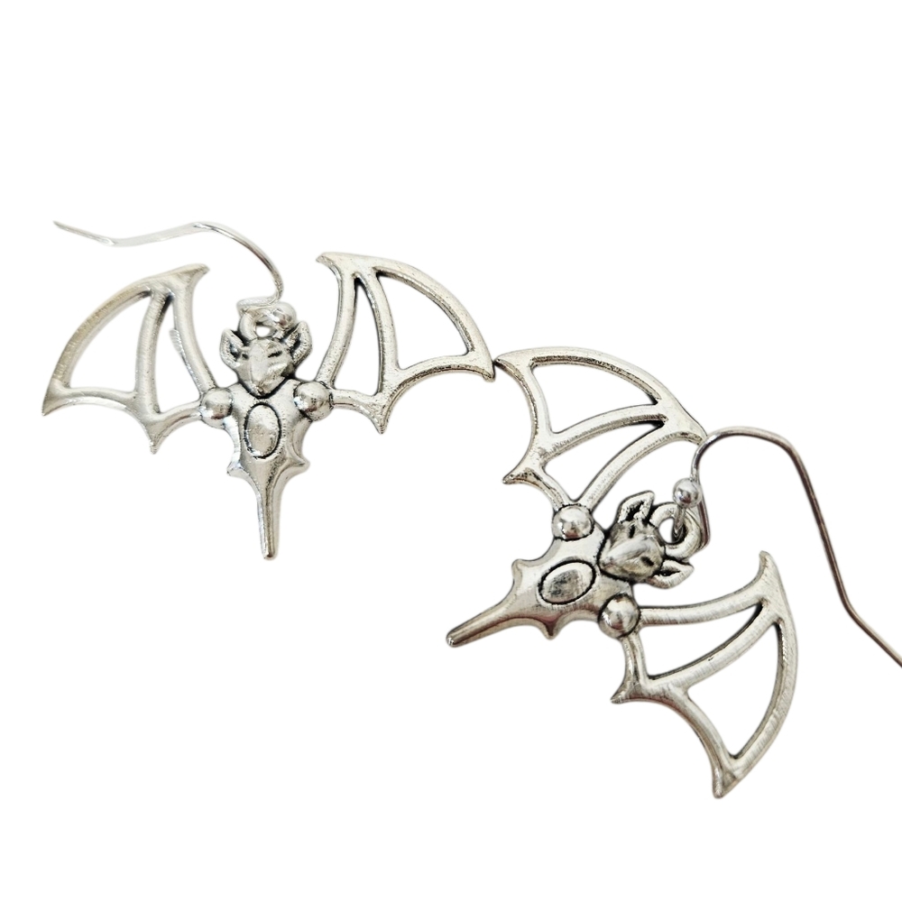 Vampire Bat Dangle Earrings Silver Gothic Halloween Jewelry - Picture 3 of 4
